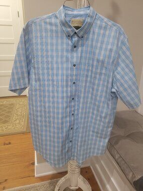 Men's Cabelas Outfitter Series Shirt XL Tall Blue Check Short Sleeve Button Down
